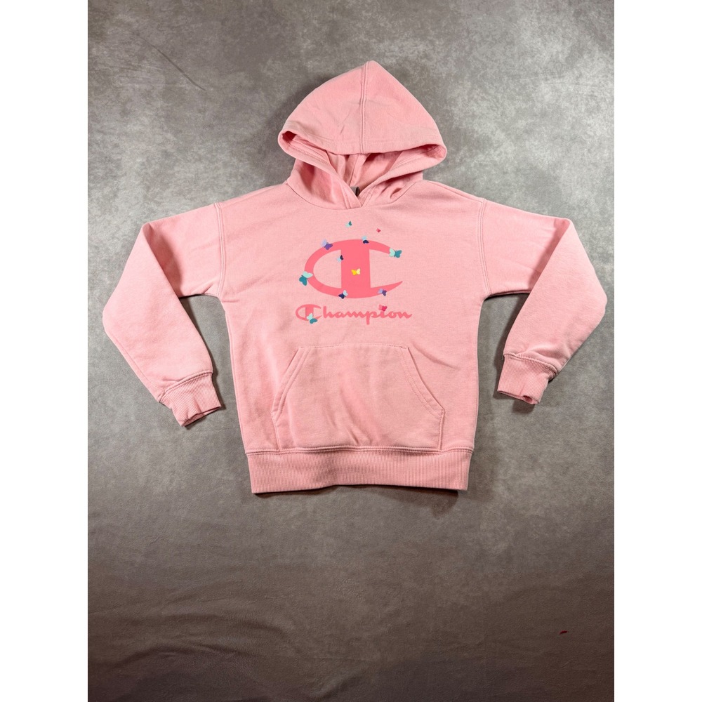 Champion Girls Pink Butterfly Graphic Logo Pullover Hoodie Sweatshirt Size 6